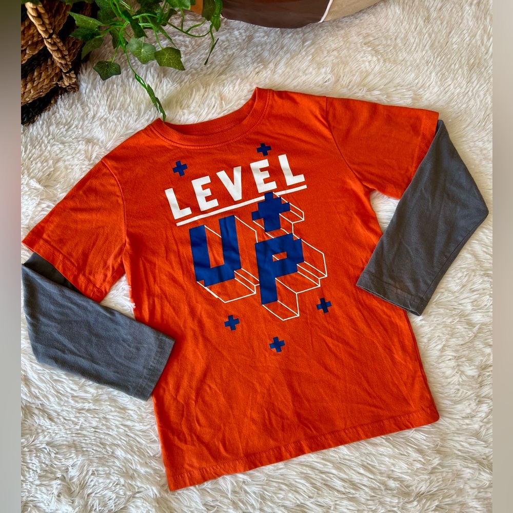 Children’s Place Gamer Orange 'Level Up' Tee with Gray Sleeves
